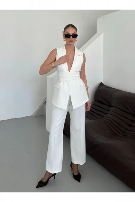 White Eliana Belted Vest and Trousers Set - 2786 White Eliana Belted Vest and Trousers Set - 2786