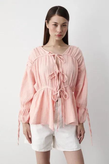 Pink 100% Cotton Muslin Shirt with Elasticated Sleeves