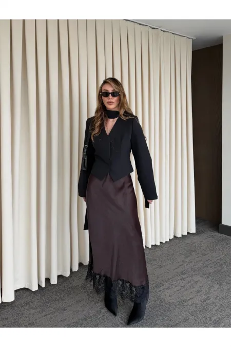 Kahverengi Puantiyeli Saten Etek Ucu Dantelli Etek - 50228