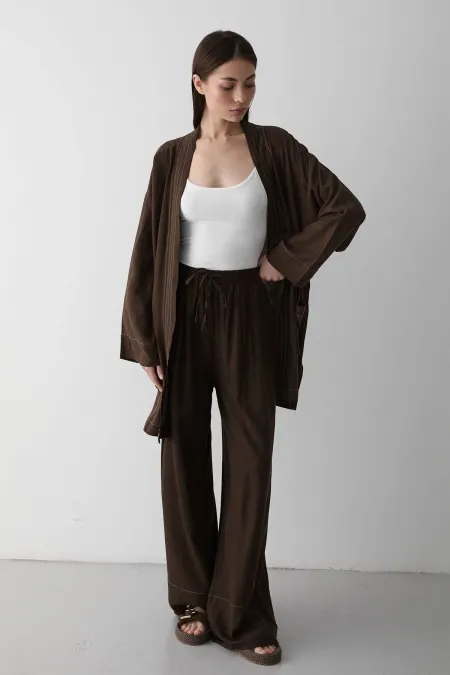 Ensemble kimono marron 100 % coton avec poches et ceinture - 8491