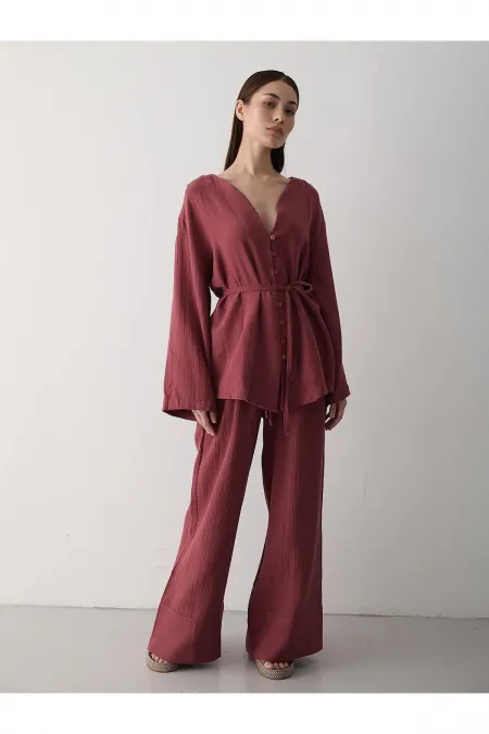 Ensemble chemise et pantalon en coton 100 % à boutons multicolores, coloris tuile