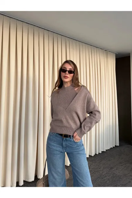 Bej İkili V Yaka Kazak - 251206