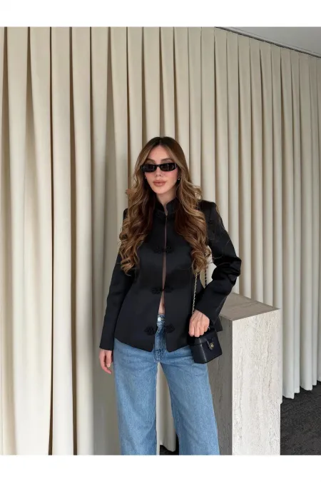 Siyah Tasarım Düğmeli Parlak Kumaş Military Ceket - 1411