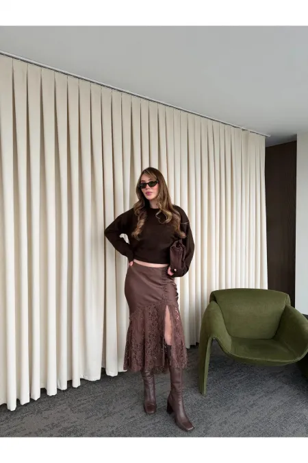 Kahverengi Saten Dantelli Etek - 37206