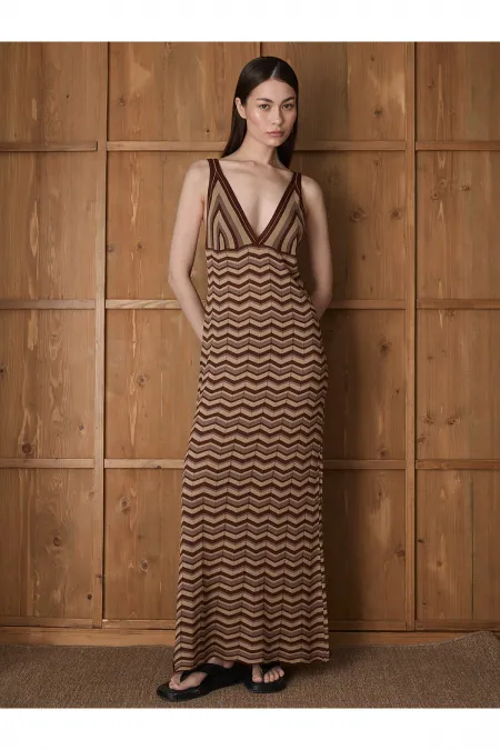 Robe de plage marron à motif zigzag - 7247