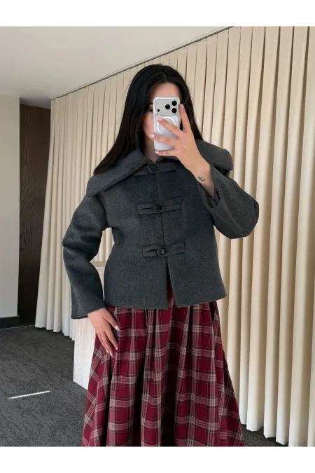 Antrasit Düğme Detaylı Kısa Kaşe Ceket - 7675