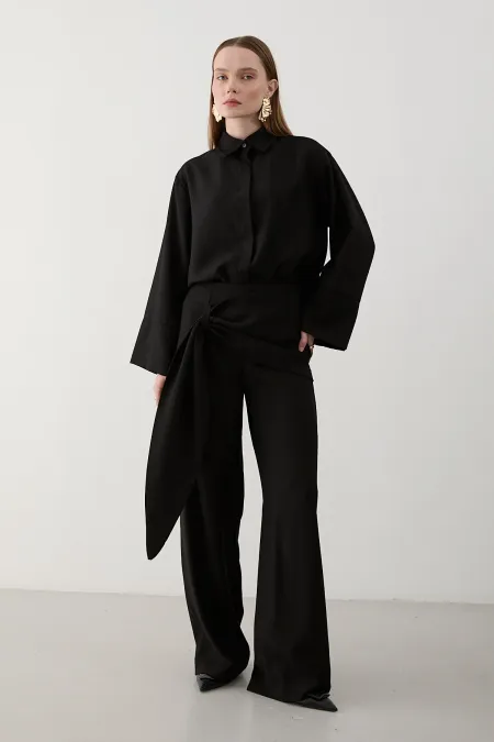 Siyah Beli Detaylı Pantolon Gömlek Takım - 8862