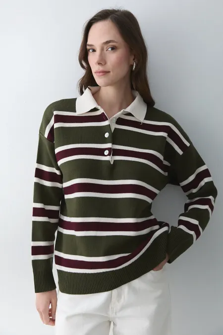 Haki Bordo Polo Yaka Kazak - 241184