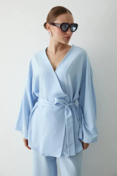 Mavi Pamuklu Düğme Detaylı Kemerli Keten Kimono
