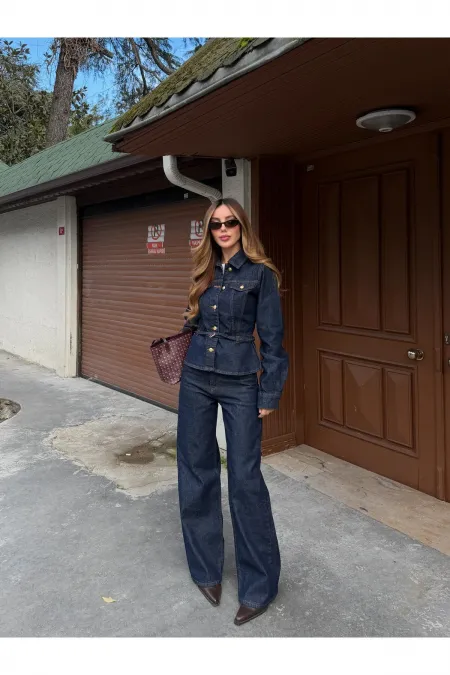 Lacivert Belden Oturtma Denim Ceket Pantolon Takım - 0838