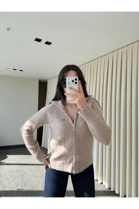 Bej Balıkçı Yaka Çift Fermuarlı Hırka - 251108