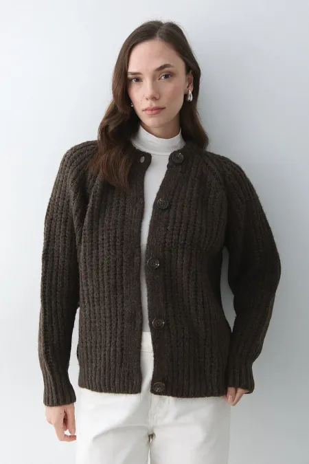 Kahve Melanj 5 Düğmeli Hırka - 251061