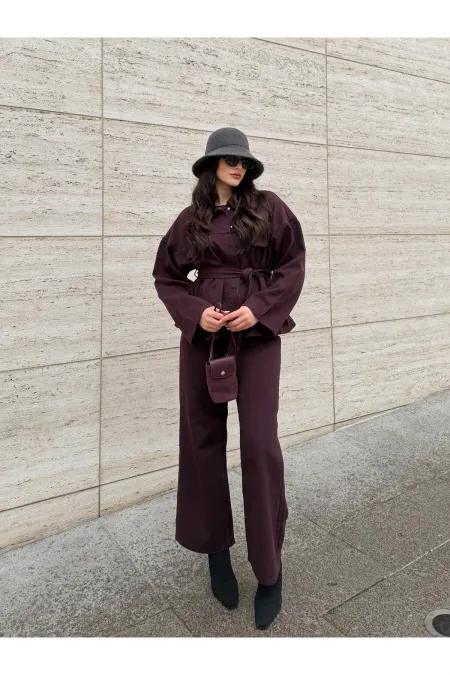 Mürdüm Bağlamalı Denim Ceket Pantolon Takım