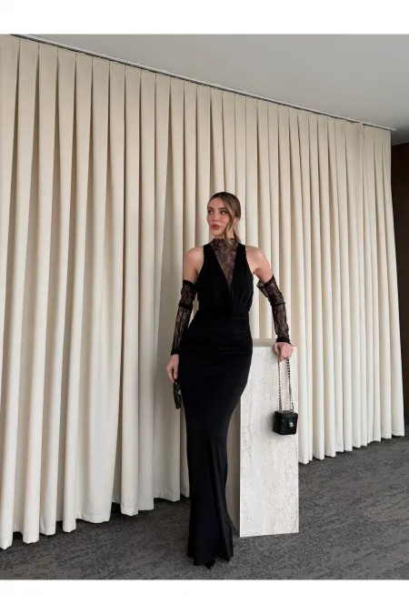 Siyah Degaje Yaka Dantel Eldivenli Elbise - 20117