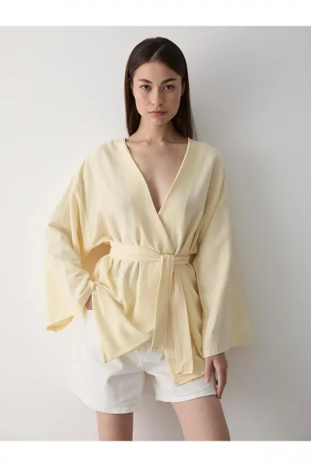 Yellow Cotton Linen Kimono with Button Detail and Belt