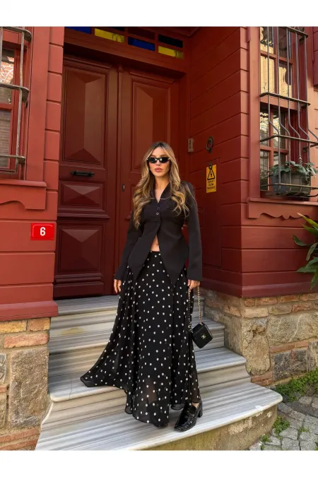 Black Chiffon Polka Dot Long Skirt - 2506