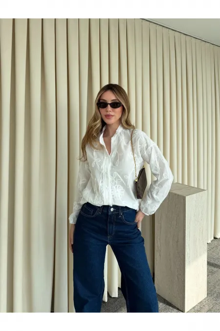 Ekru Kolu Lastikli Nakışlı Gömlek - 4231