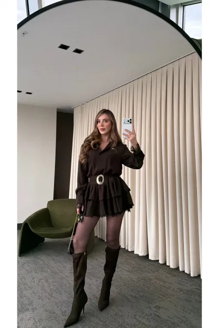 Robe marron à ourlet en dentelle - 35518