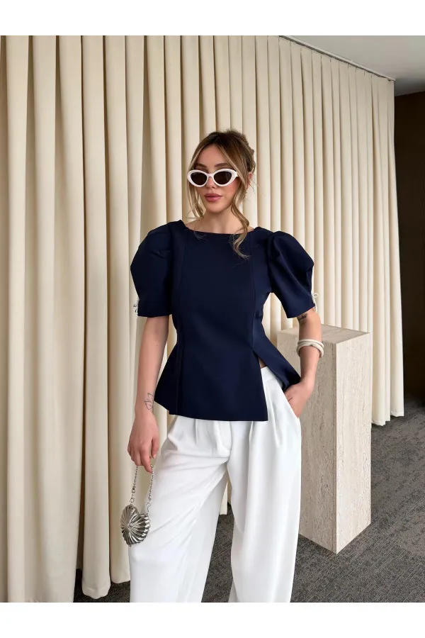 Lacivert Kolu İnci Fiyonk Detaylı Bluz - 5001