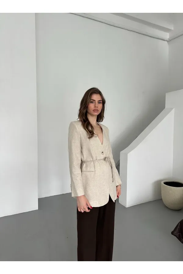 Bej %100 Pamuk İp Kemerli Ceket