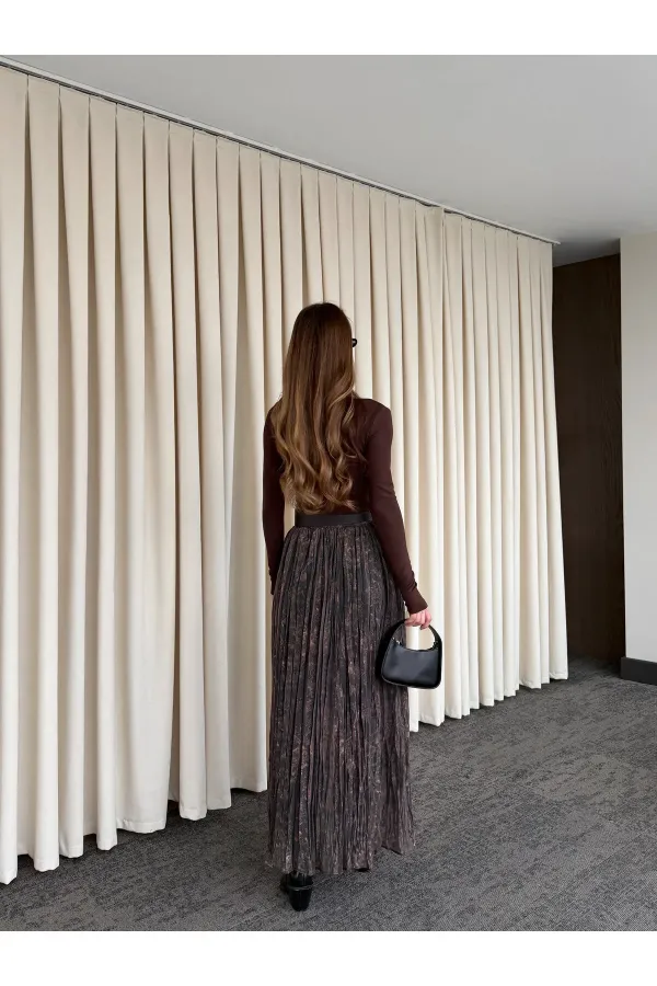 Kahverengi Beli Lastikli Kemerli Baskılı Etek - 3374