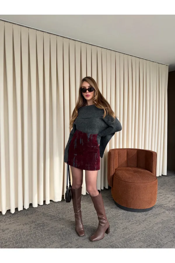 Navy Blue and Burgundy Flocked Print Skirt - 261002 Navy Blue and Burgundy Flocked Print Skirt - 261002