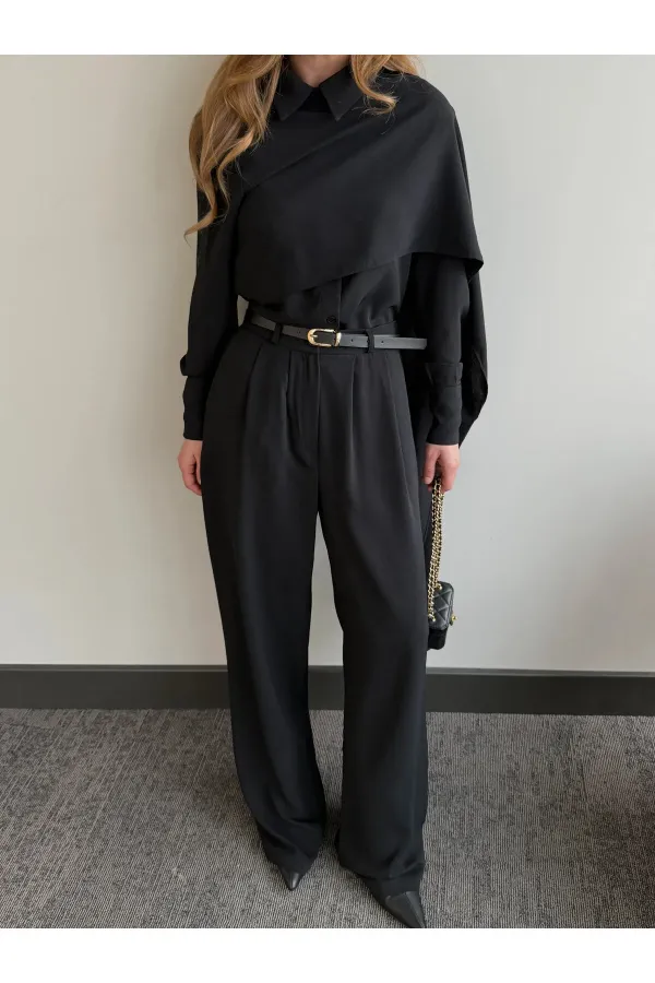 Siyah Kemerli Şal Yaka Gömlek Pantolon Takım - 8004