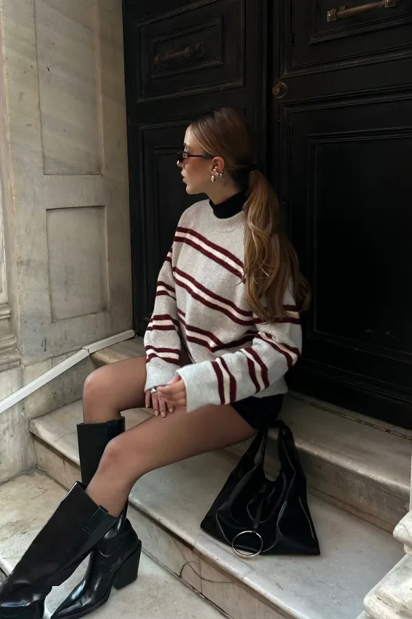 Pull oversize en maille rayée bordeaux - 2516