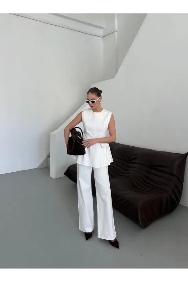 Beyaz Leandra Tasarım Bluz Pantolon Takım