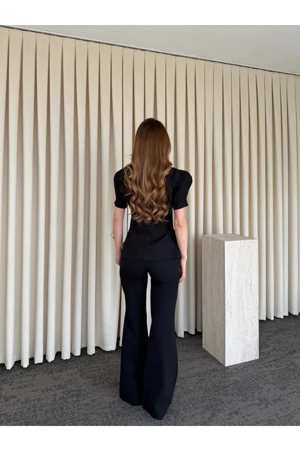 Siyah Balon Kol Düğmeli Ceket Pantolon Takım - 0440