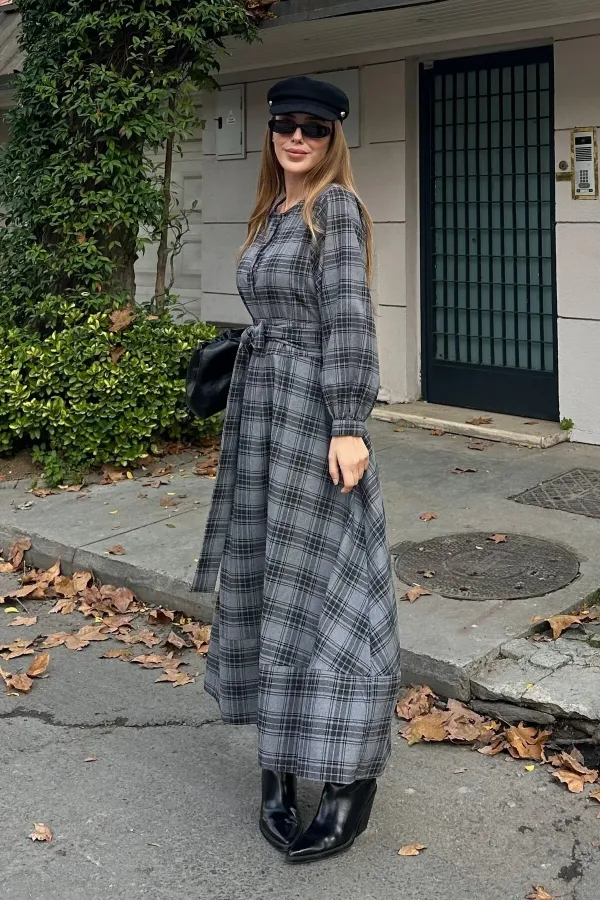 Grey Plaid Belted Long Dress - 1235 Grey Plaid Belted Long Dress - 1235