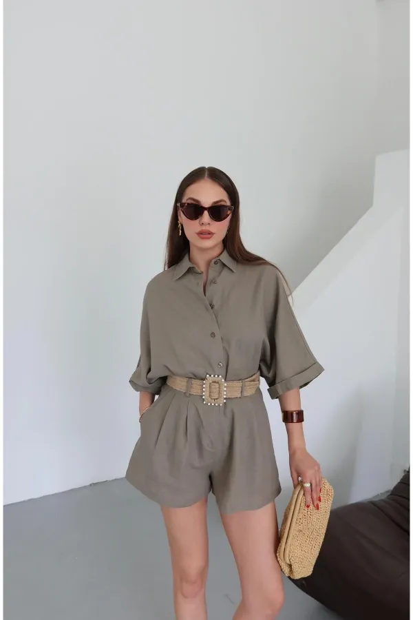 Ensemble chemise et short en paille de vison avec ceinture