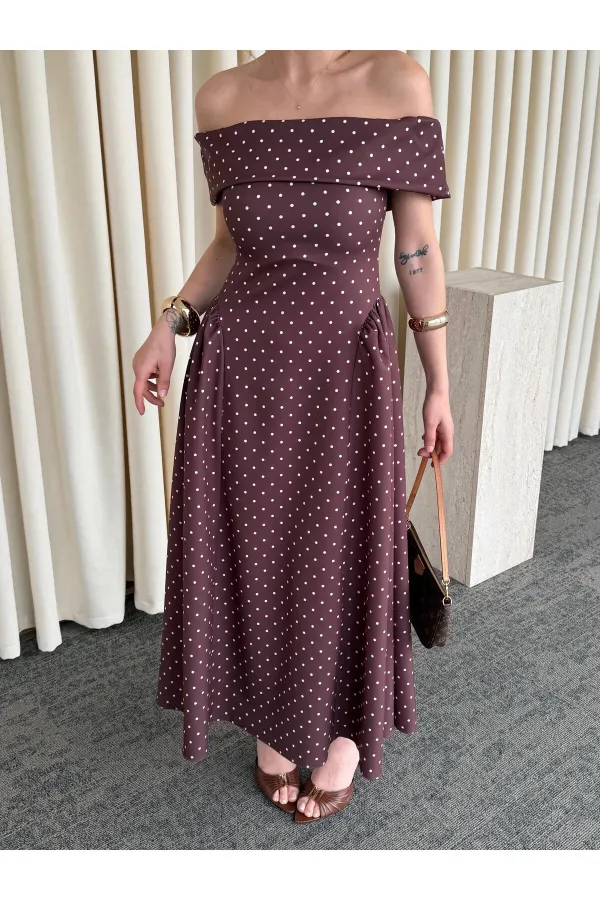 Robe midi marron à pois Madonna Neck - 00888