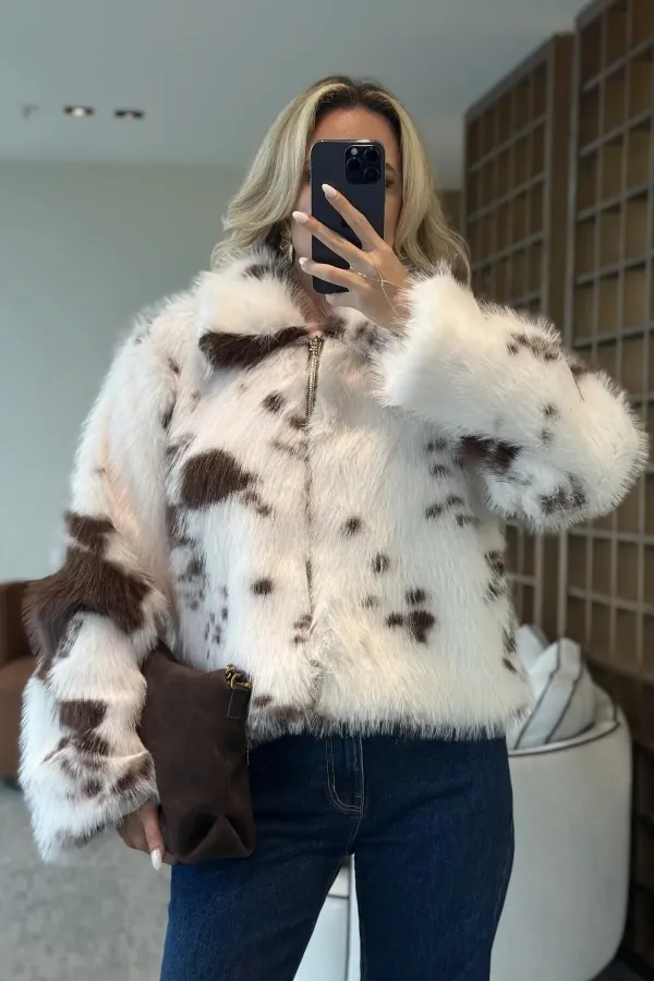 Off-Brown Patterned Zippered Fur Coat - 85154