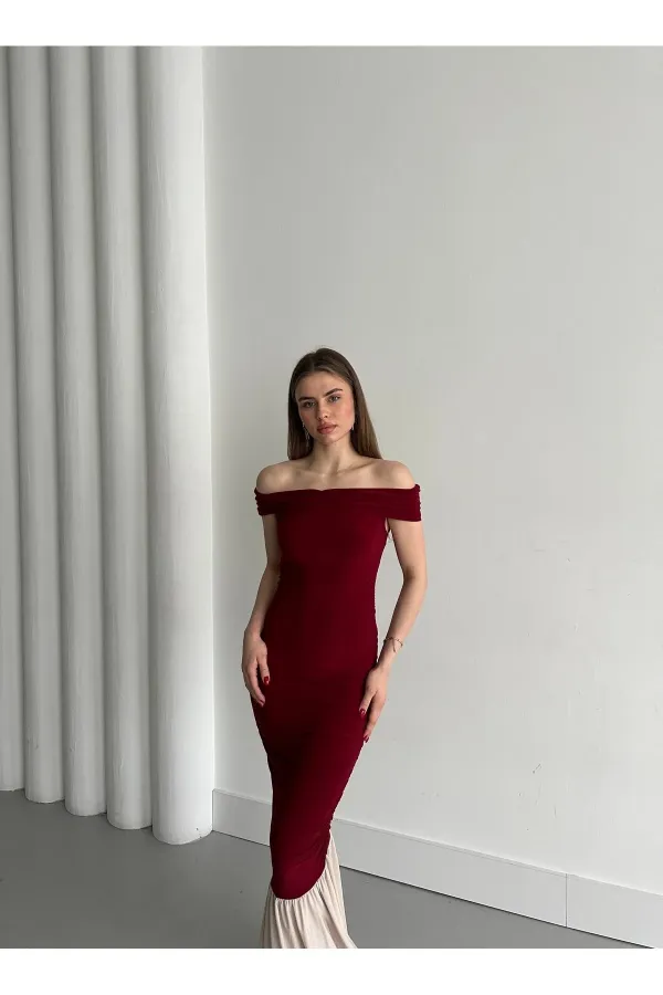 Bordo Kayık Yaka Fırfırlı Elbise - 4798