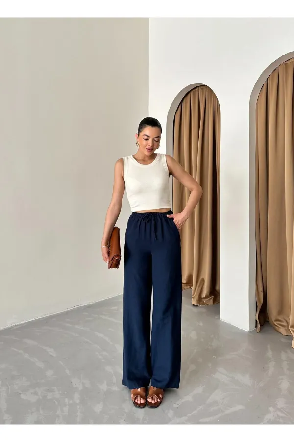 Pantalon bleu marine en coton et lin avec taille élastiquée