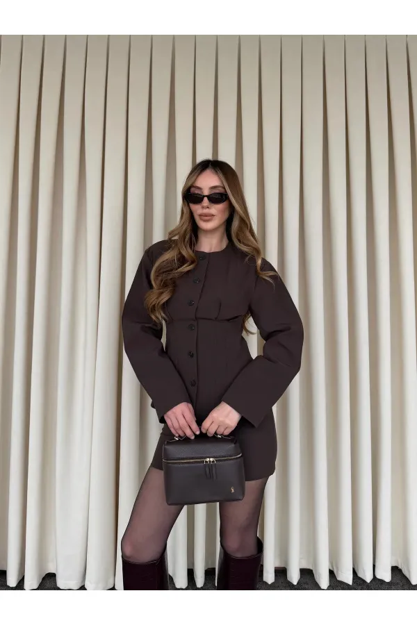 Kahverengi Düğmeli Pileli Ceket Etek Takım - 30422