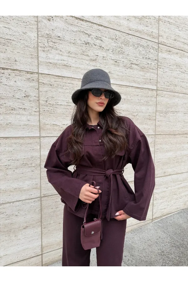 Mürdüm Bağlamalı Denim Ceket Pantolon Takım