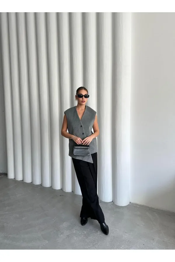 Gri Venedik Çapraz Düğmeli Yelek