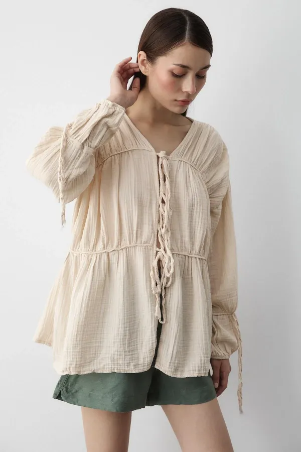 Natural 100% Cotton Muslin Shirt with Elasticated Sleeves