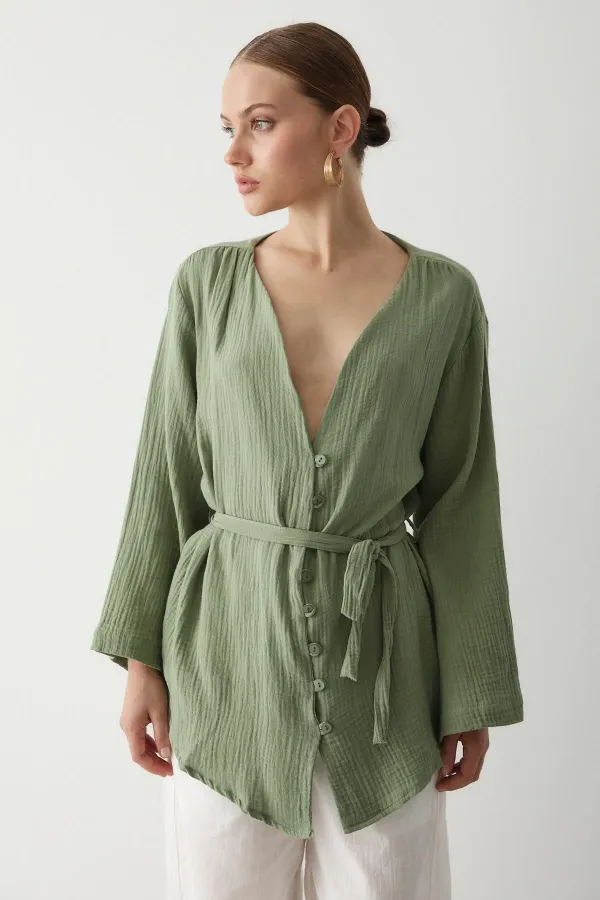 Khaki Multi-Button Kimono