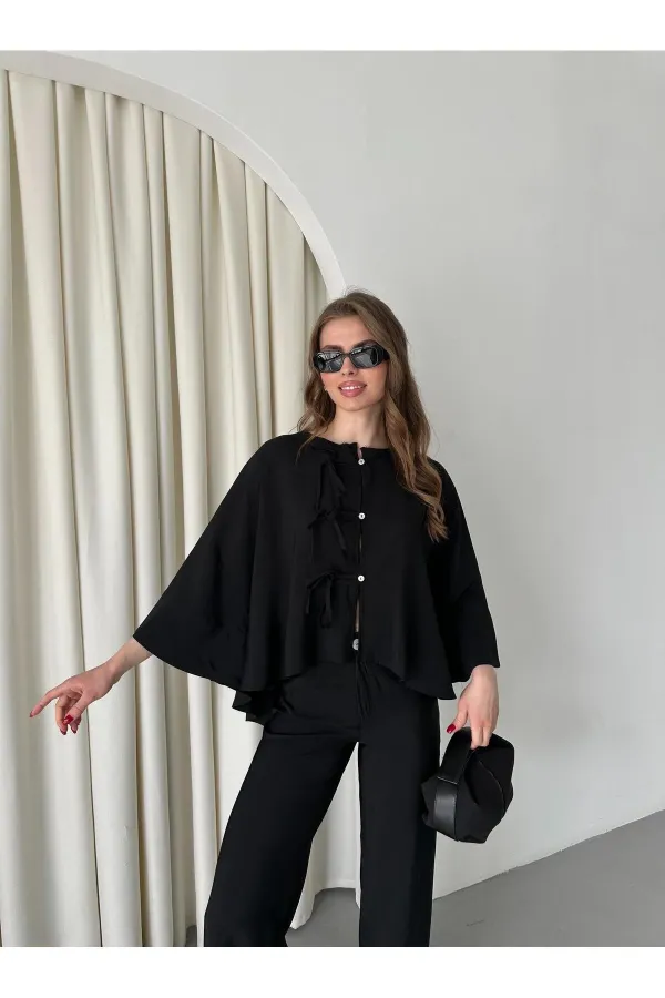 Black Batwing Sleeve Set with Lace-up Button Detail