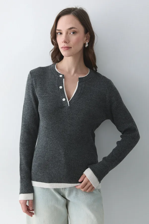 Antrasit - Krem 2 Patlı Düğmeli Kazak - 251023