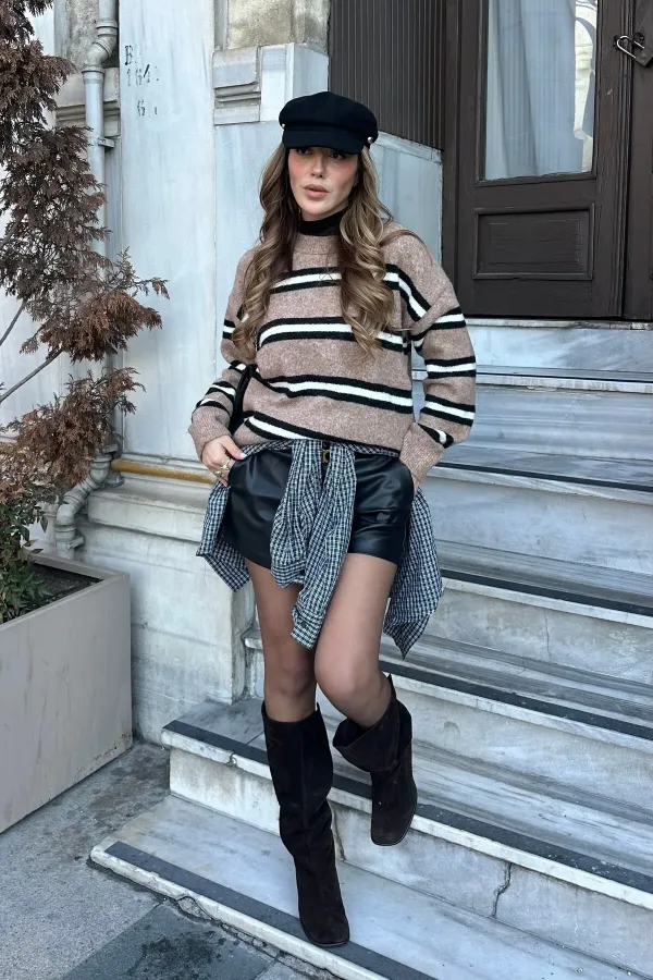 Pull en maille oversize à rayures marron - 2516