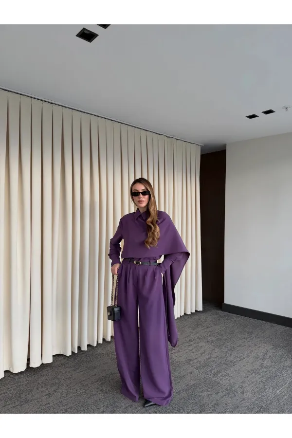 Purple Belted Shawl Collar Shirt and Trousers Set - 8004