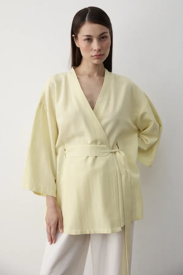 Sarı Iç Kemerli Fakir Kol Kimono - 5383