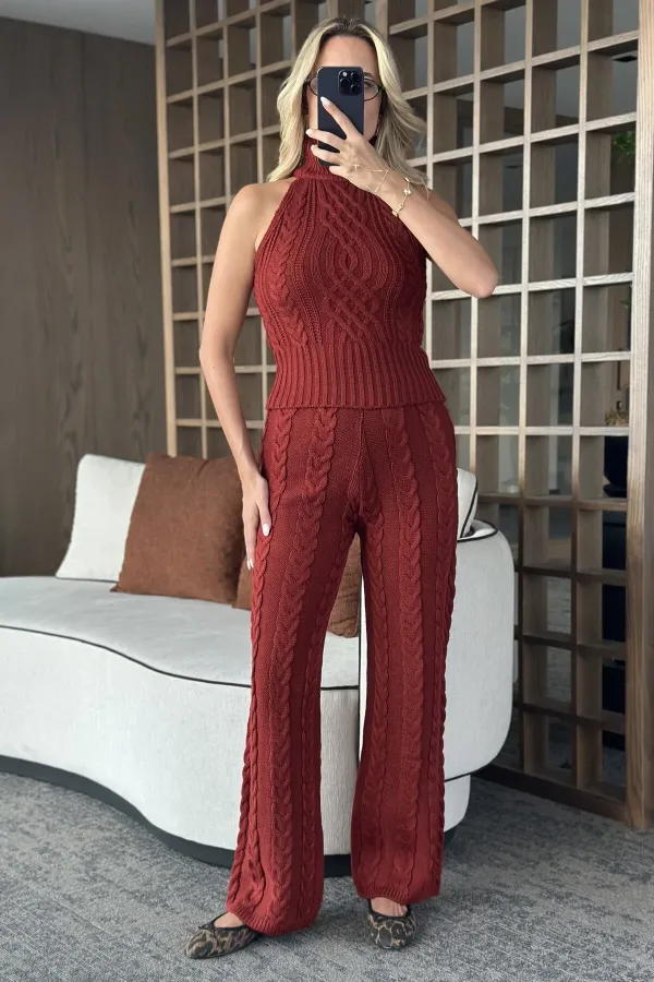 Ensemble chemisier sans manches et pantalon bordeaux - 3009