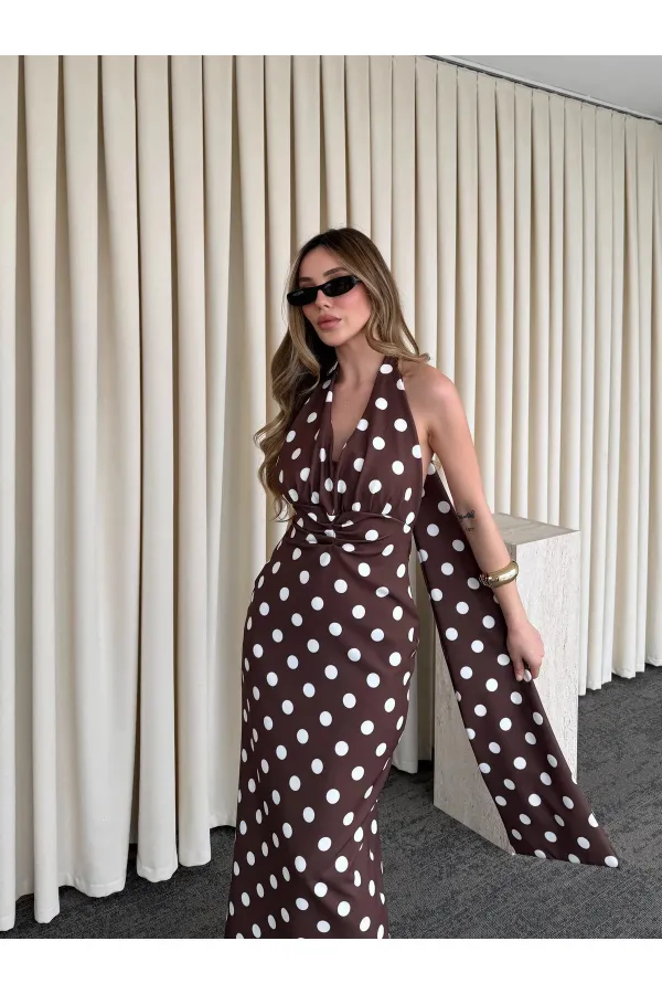 Robe marron à pois avec détail au dos - 4922