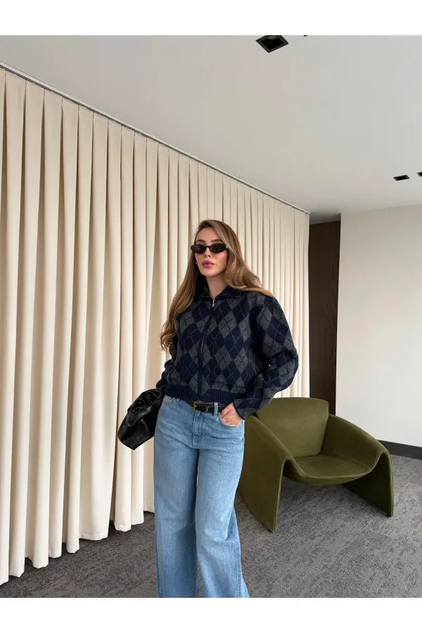 Gilet zippé bleu marine à motif losanges anthracite - 261003