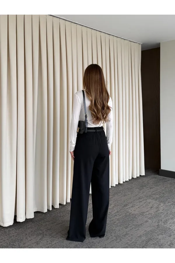 Siyah Kemerli Bol Paça Pantolon - 301